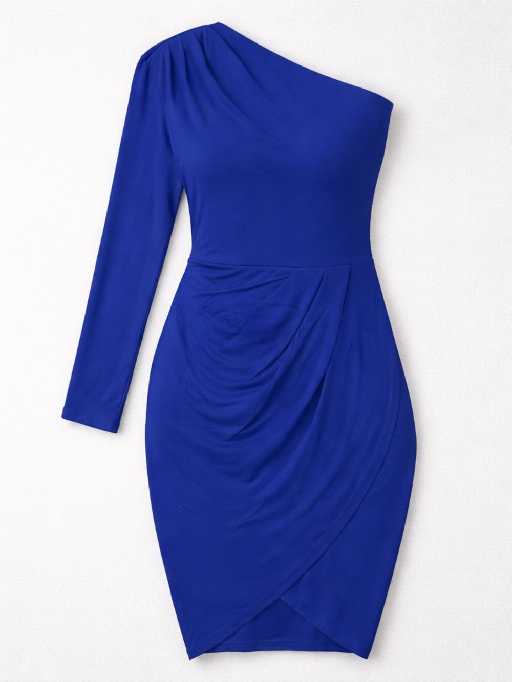 One-Shoulder Royal Blue Ruched Bodycon Dress with a belt